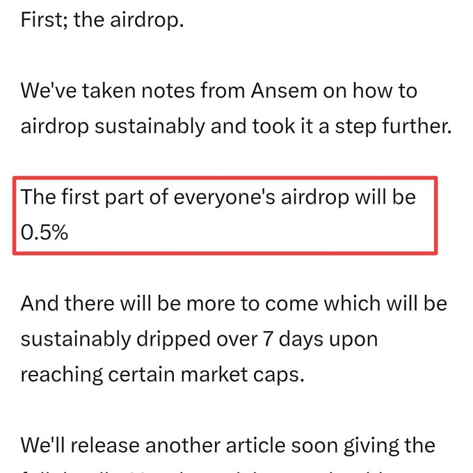A text excerpt from an announcement about an airdrop, with a highlighted section reading "The first part of everyone's airdrop will be 0.5%" — the same figure cited in the accompanying post calculating each recipient's potential share.