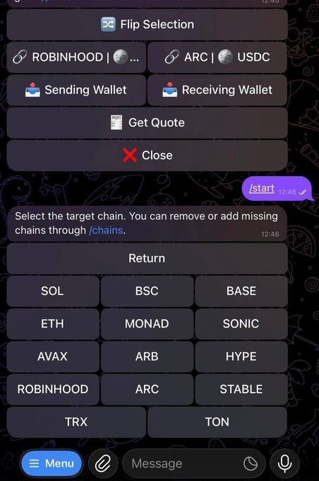 The image shows a Telegram bot interface for Maestro with a swap interface displaying Robinhood/USDC and ARC/USDC trading pairs, along with a chain selection menu featuring options like SOL, BSC, BASE, ETH, ROBINHOOD, ARC, and others. This relates to the post by showcasing Maestro's cross-chain functionality with support for the newly launched Arc mainnet, including bridging and trading capabilities across various chains.