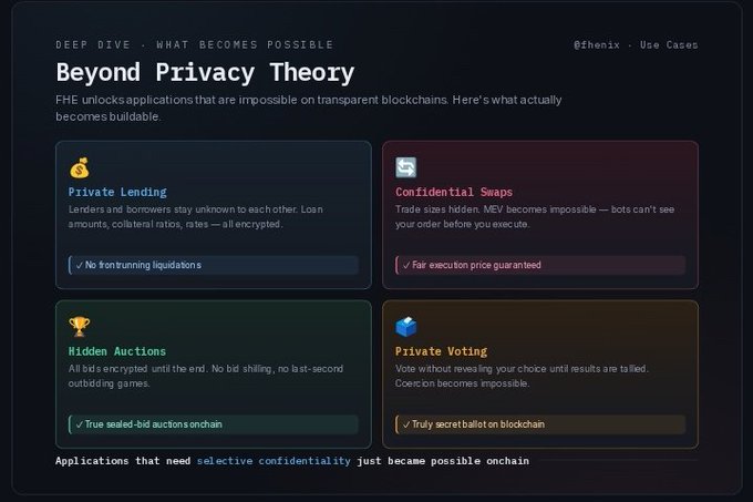 A dark-themed informational graphic titled 'Beyond Privacy Theory' by @fhenix, listing use cases for FHE such as Private Lending, Confidential Swaps, Hidden Auctions, and Private Voting.