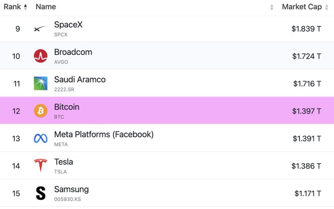 The image displays a ranking of the world's largest assets by market capitalization, with Bitcoin (BTC) highlighted in pink at #12 with a $1.397 trillion market cap, just above Meta and Tesla and below Saudi Aramco. This illustrates the post's claim that Bitcoin recently gained $100 billion to become the 12th largest asset globally, surpassing major companies like Meta Platforms ($1.391T) and Tesla ($1.386T).
