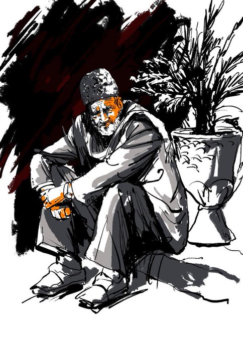 A stylized black, white, and orange digital illustration of a bearded man wearing a beanie, sitting hunched with his knees drawn up next to a potted plant, holding something orange in his hands.