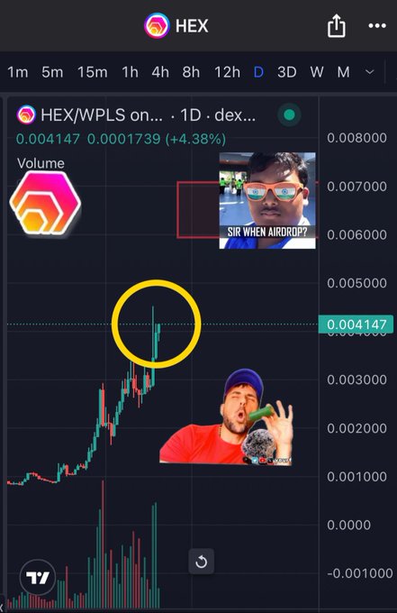 A cryptocurrency chart for HEX/WPLS on a 1D timeframe shows a recent gain of 4.38%, overlaid with two meme images: a man in sunglasses asking 'SIR WHEN AIRDROP?' and a man with a microphone smoking a bong.