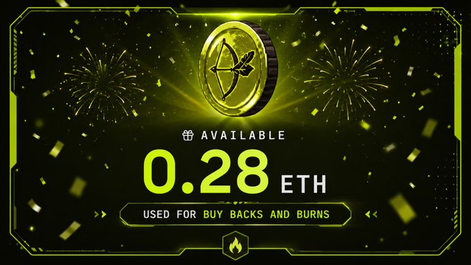 The image is a promotional graphic displaying "0.28 ETH AVAILABLE" with the text "USED FOR BUY BACKS AND BURNS," highlighting the deflationary mechanism of the BOW Launchpad by showcasing the ETH allocated for token buybacks and burns, reinforcing the post's message about reducing supply and increasing buy pressure for holders.
