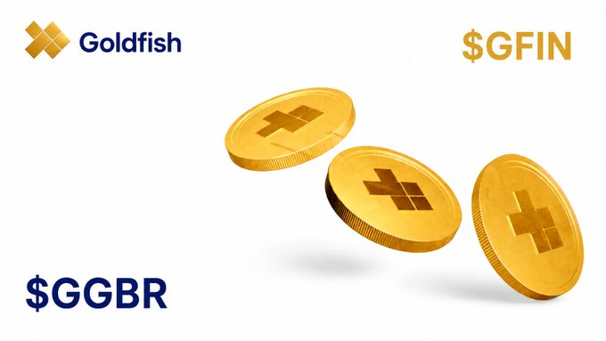 Promotional graphic for Goldfish tokens displaying gold coins with the Goldfish logo, alongside tickers $GFIN and $GGBR.