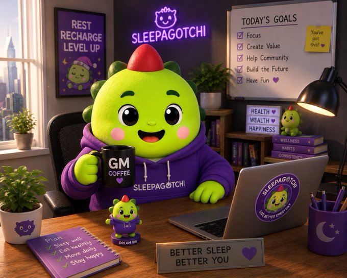 A 3D-rendered Sleepagotchi mascot in a hoodie holding a 'GM Coffee' mug at a desk with a laptop, planner, and goals whiteboard, with motivational signs like 'Better Sleep Better You' and 'Rest Recharge Level Up'.