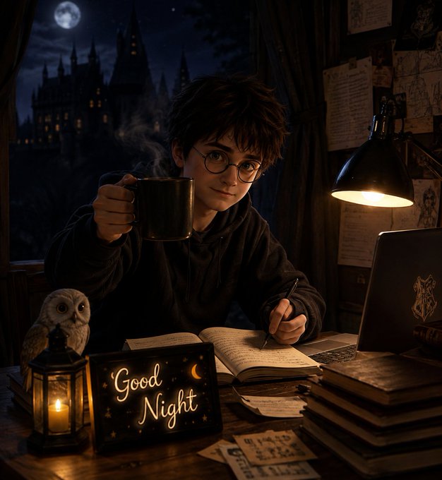 An AI-generated Harry Potter-themed illustration shows the character drinking from a mug at a desk with an owl, a 'Good Night' sign, and Hogwarts in the background.