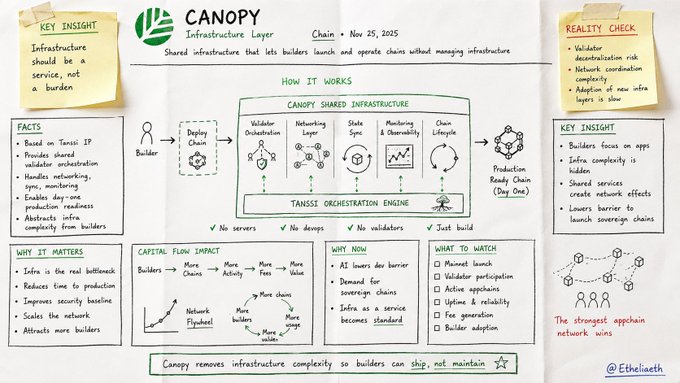 A detailed strategy sketch on a whiteboard outlines the "Canopy Infrastructure Layer," describing how its shared infrastructure allows builders to launch and operate chains on a "Buy One" production model by handling validators, networking, state sync, monitoring, and chain lifecycle. The diagram emphasizes the platform's value proposition: removing infrastructure complexity so builders can "ship, not maintain," supported by facts, reality checks, capital flow impact charts, and key insights like "Infrastructure should be a service, not a burden" and "The strongest appchain network wins."