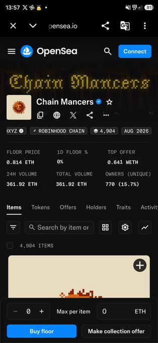 The image shows the OpenSea NFT marketplace page for the "Chain Maners" collection on the Robinhood chain, displaying a floor price of 0.814 ETH, a 24-hour trading volume of 361.92 ETH, and 770 unique owners out of 4,904 total items. This relates to the post by illustrating the dramatic price surge of the Chain Maners NFT, which was minted at 0.05 ETH and now commands a floor price over 0.8 ETH, confirming the poster's claim that "NFT market is really back."