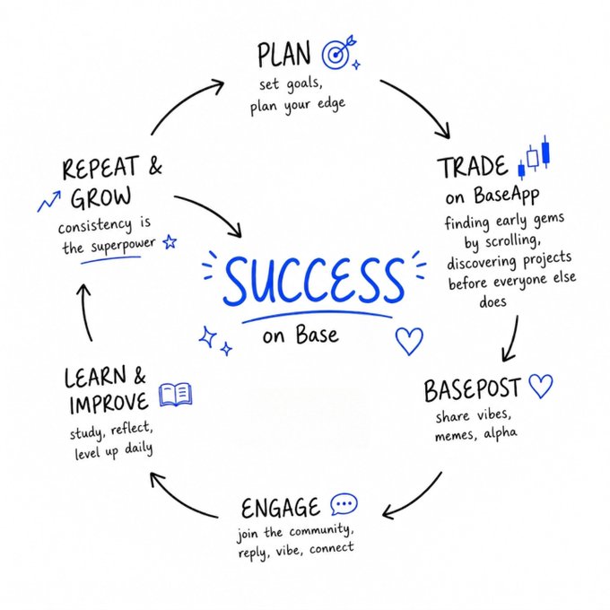 The image features a whiteboard with a blue circle containing the words "Success on Base" written inside of it, along with various drawings and arrows surrounding the circle. The text also includes phrases such as "Day 228 of sharing Base memes until $BASE is live", "Never give up", and "Here is my Zora acc - zora.co/@Jack9". These elements are arranged in a circular pattern around the central circle, creating a visual representation of the concept of success on Base.
