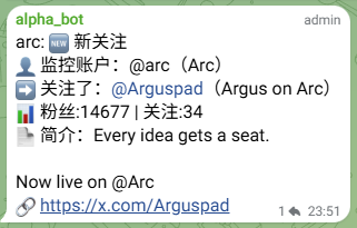The image shows a Telegram bot notification from "alpha_bot" confirming that the Arc official account has followed Arguspad, with 1,467,771 followers and a motto "Every idea gets a seat." The post celebrates this follow as a key milestone positioning Arguspad as a top launchpad for ARC.