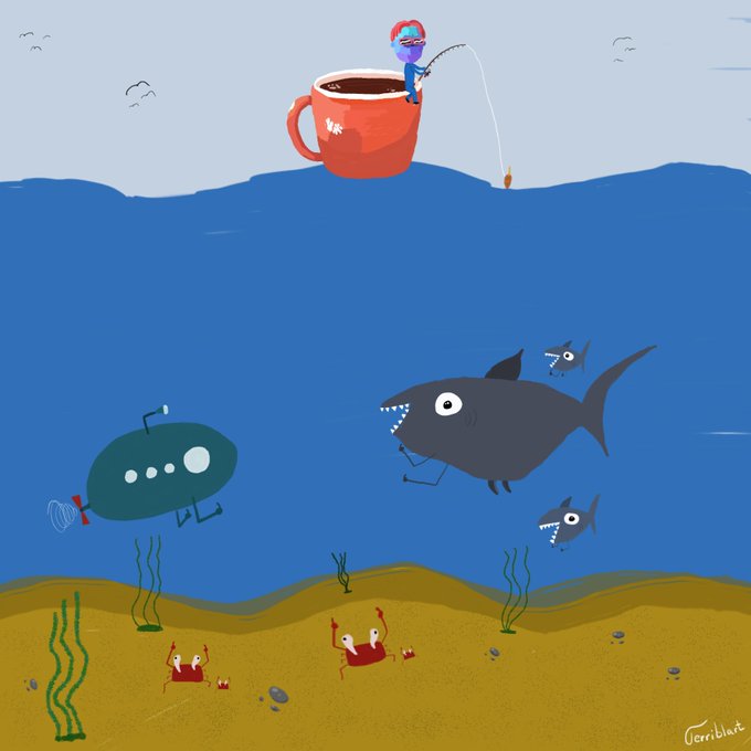 A cartoon illustration showing a tiny person fishing from a giant red coffee mug floating on the ocean surface, while a large shark, a submarine, and crabs are visible underwater.