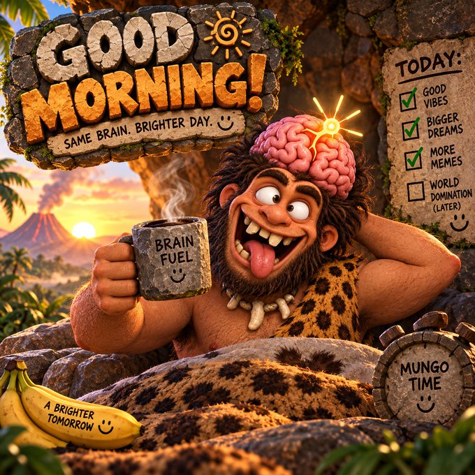 A humorous 3D cartoon illustration of a caveman with a glowing brain holding a stone mug labeled 'BRAIN FUEL', surrounded by stone signs reading 'GOOD MORNING! SAME BRAIN. BRIGHTER DAY.', 'A BRIGHTER TOMORROW', 'MUNGO TIME', and a checklist for 'GOOD VIBES', 'BIGGER DREAMS', 'MORE MEMES', and 'WORLD DOMINATION (LATER)'.