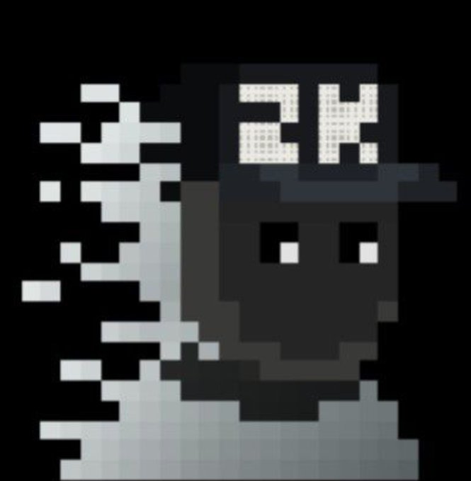 A pixel art portrait features a character wearing a dark cap with '2X' on it, rendered in black, white, and gray tones.