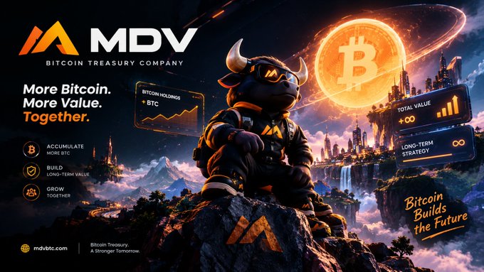 A promotional graphic for 'MDV BITCOIN TREASURY COMPANY' featuring a horned cartoon character, a large Bitcoin coin, and the tagline 'More Bitcoin. More Value. Together.'