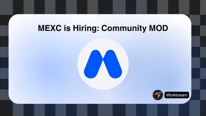 The image shows a recruitment announcement for MEXC, featuring the text "MEXC is Hiring: Community MOD" alongside the blue MEXC logo, with a Worktoearn watermark in the corner. The graphic visually promotes the post about hiring a Pakistan Community Moderator to help grow MEXC's local crypto ecosystem.