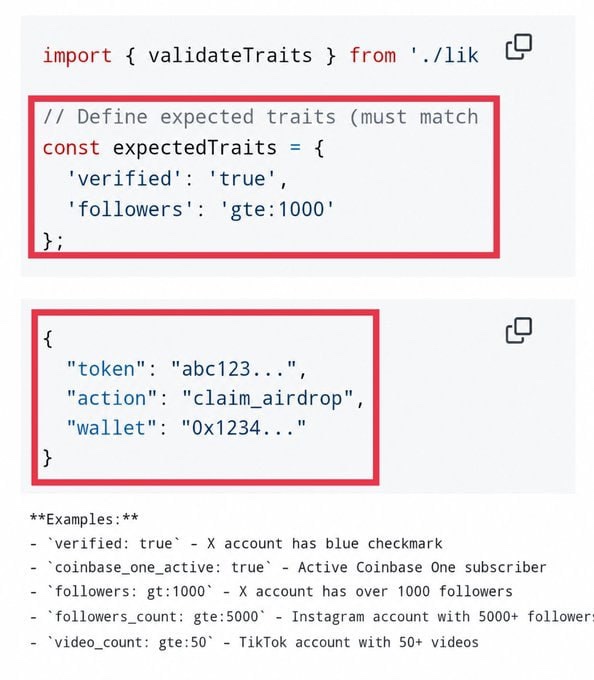JavaScript code snippet showing the import of `validateTraits` from './lik', with a highlighted block defining `expectedTraits` for verification (verified: 'true', followers: 'gte:1000') and another highlighted block showing a JSON object with token, action 'claim_airdrop', and wallet '0x1234...'.