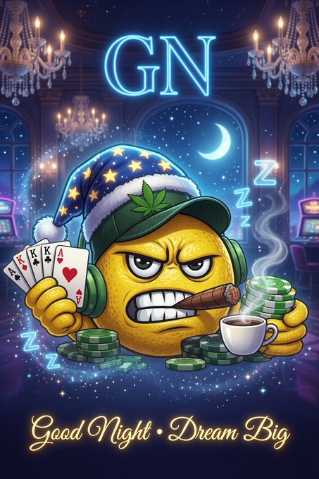 A cartoon illustration features a grumpy orange character wearing a star-patterned nightcap and holding a royal flush of poker cards, poker chips, a cigar, and a cup of coffee, with 'GN' neon letters above and 'Good Night • Dream Big' written below.