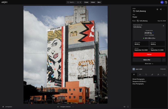 A screenshot of the Objkt NFT marketplace showing a street art-style pop art piece titled "Ceili_Beenz" listed at 24.99 tez, with bids and activity shown in the right panel.