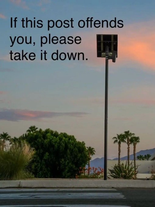 An outdoor sunset scene with palm trees features overlaid text reading: "If this post offends you, please take it down."