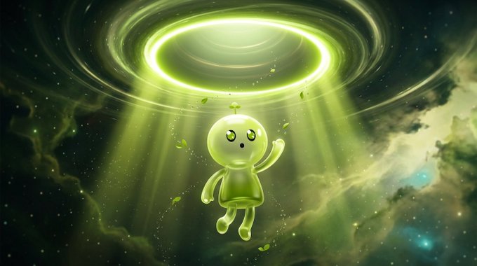 A digital illustration of a cute, translucent green alien-like character with a leaf on its head floating in space beneath a glowing green portal/halo, surrounded by cosmic clouds and stars.