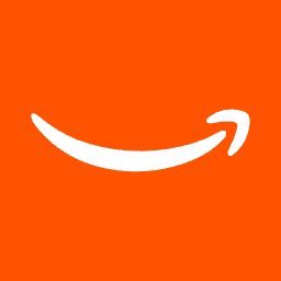 The Amazon logo, featuring a white curved arrow on an orange background.