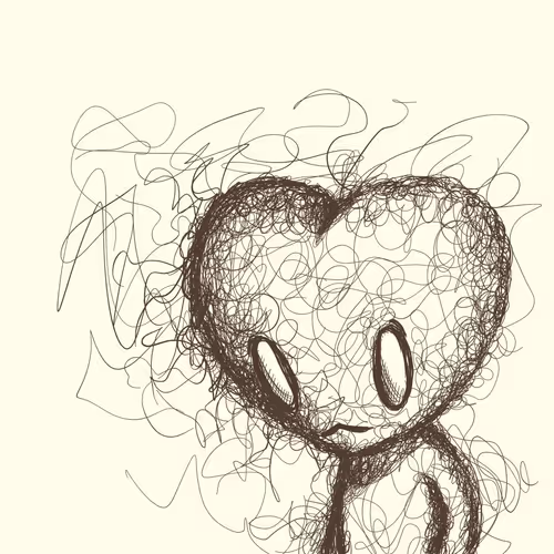 The image features a hand drawing of an alien head that looks sad, with long fur surrounding its body. The drawing has been sketched using lots of lines and has a black and white color scheme. In the background, there are other abstract lines in various shades of browns and blacks, giving the impression of a chaotic scene. This artwork is titled "LT3 #3297 has just sold for 0.8 ETH! (...)". It appears to be an eye-catching piece that potentially attracts viewers with its intricate details and unique style.