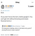 A Bing search result for "DCA" shows Google's snippet answer stating that "If you don't know the term, better google it. You can't get rich without knowing some basic financial terms," with the related searches below including "dollar cost averaging" and "how to dollar cost average crypto."