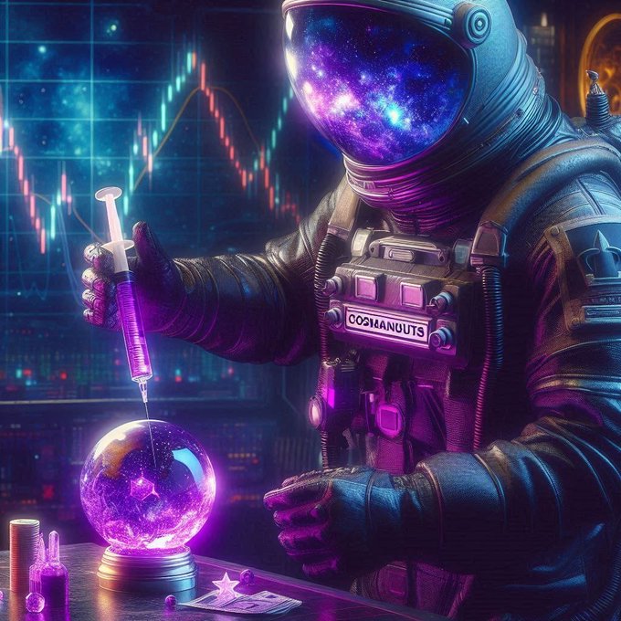 A digital illustration of an astronaut with a galaxy-filled helmet holding a syringe of purple liquid over a crystal ball, with crypto trading charts in the background and 'COSMANDUTS' on the chest patch.