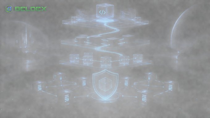 A digital graphic with a "BELDEX" logo showing a futuristic, holographic network structure floating in a foggy space environment with connected data servers and a shield icon.