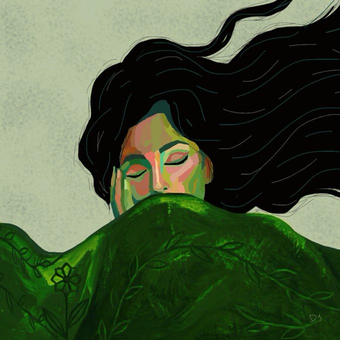 A digital illustration by DJ showing a serene woman with closed eyes and flowing black hair, wrapped in a green cloak adorned with leaf and floral patterns, embodying the artwork's theme of choosing to breathe and heal through mental health care. The artist's signature "DJ" appears in the bottom right corner.