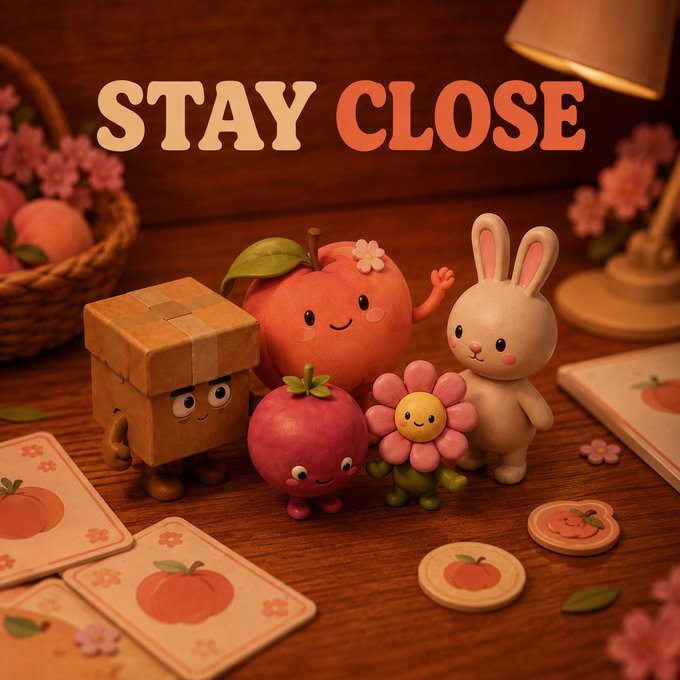A cute 3D-style illustration with the text 'STAY CLOSE' featuring a smiling apple, a small berry, a flower, a cardboard box character, and a white rabbit on a wooden table.