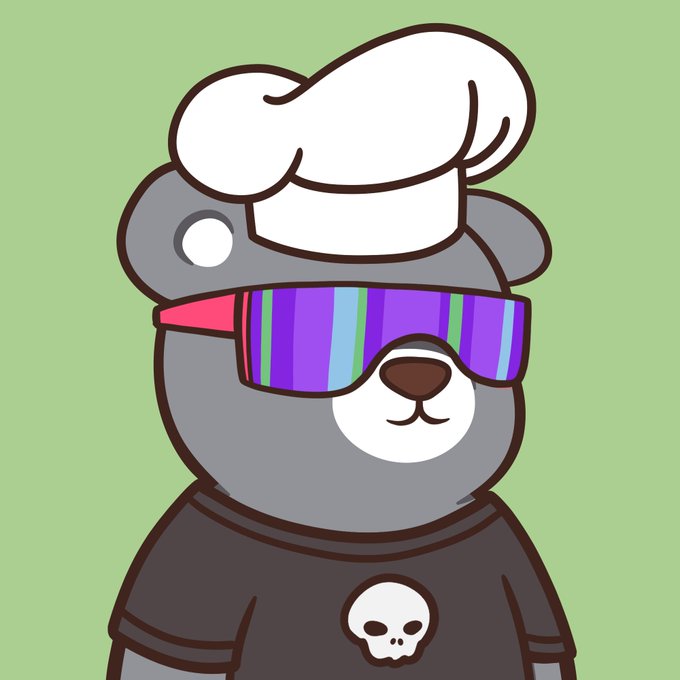 A cartoon illustration of a gray bear character wearing a white chef's hat, a black shirt with a white skull logo, and large purple-striped shutter shades on a light green background.