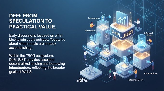 An infographic titled 'DEFI: FROM SPECULATION TO PRACTICAL VALUE' explains DeFi_JUST within the TRON ecosystem, highlighting Developers, Informed Users, Communities, Transparency, and Automation.