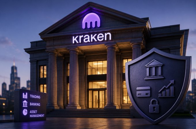 A Kraken cryptocurrency exchange promotional image featuring a classical building with the Kraken logo, a security shield, and service categories for Trading, Banking, and Asset Management.