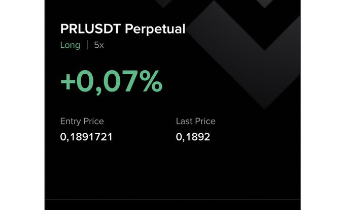 A trading screenshot displays a long 5x position on the PRLUSDT perpetual pair with a +0.07% gain, showing an entry price of 0.1891721 and last price of 0.1892, supporting the post's call to buy/DCA into $PRL.