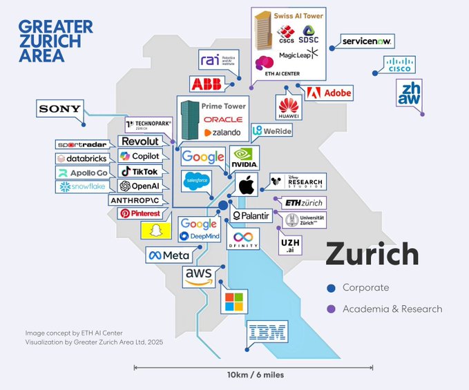 An infographic map of the Greater Zurich Area by the ETH AI Center showing the locations of major tech and research companies, including Google, Apple, NVIDIA, Meta, Microsoft, AWS, ETH zürich, and Cisco.