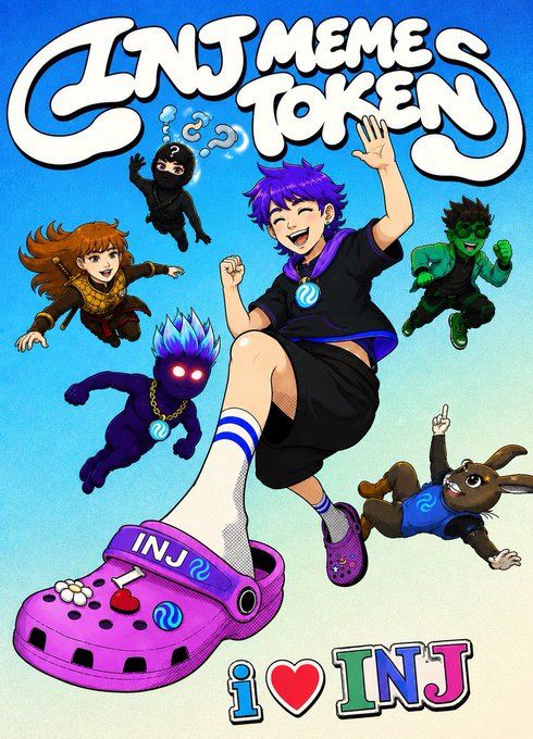 A vibrant anime-style illustration titled "INJ MEME TOKEN" features a purple-haired character in a black shirt stepping on a giant purple Croc branded with "INJ," surrounded by a lively crew of animal-eared and masked figures, with the text "I ❤️ INJ" displayed at the bottom—capturing the playful, community-driven spirit of the $INJ meme universe mentioned in the post.