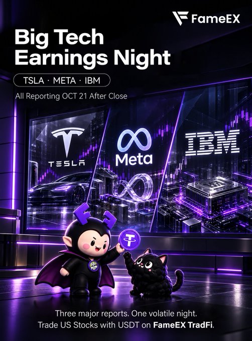 A neon purple promotional poster for “Big Tech Earnings Night” features the logos of Tesla (TSLA), Meta, and IBM, along with the text “All Reporting OCT 21 After Close.” It also reads, “Three major reports. One volatile night. Trade US Stocks with USDT on FameEX TradFi,” while noting that the FameEX TradFi Trading Carnival is live; the total prize-pool amount is not visible.