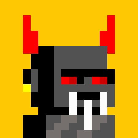 A pixel art demonic or monster character with red horns, red eyes, and sharp teeth against a yellow background.