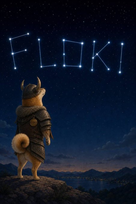 An illustration of a Shiba Inu dog wearing Viking armor and a horned helmet, standing on a rocky outcrop looking up at a night sky where the stars form the word "FLOKI".