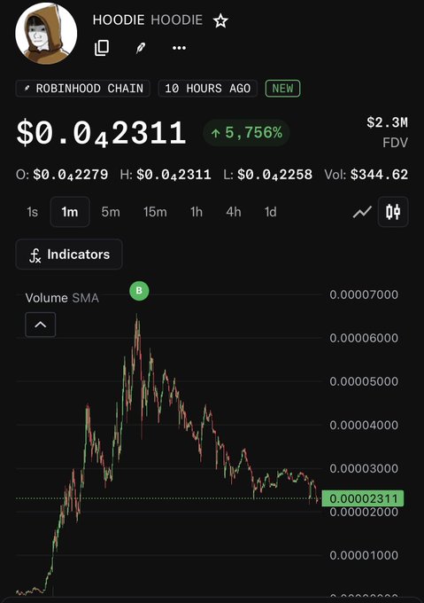 A cryptocurrency trading chart for HOODIE HOODIE token on Robinhood Chain showing a price of $0.042311 with a 5,756% increase and $2.3M FDV.