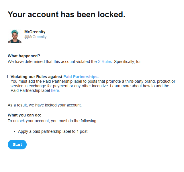 An X (Twitter) account suspension notice for 'MrGreenity' stating 'Your account has been locked' due to violating X Rules against Paid Partnerships.