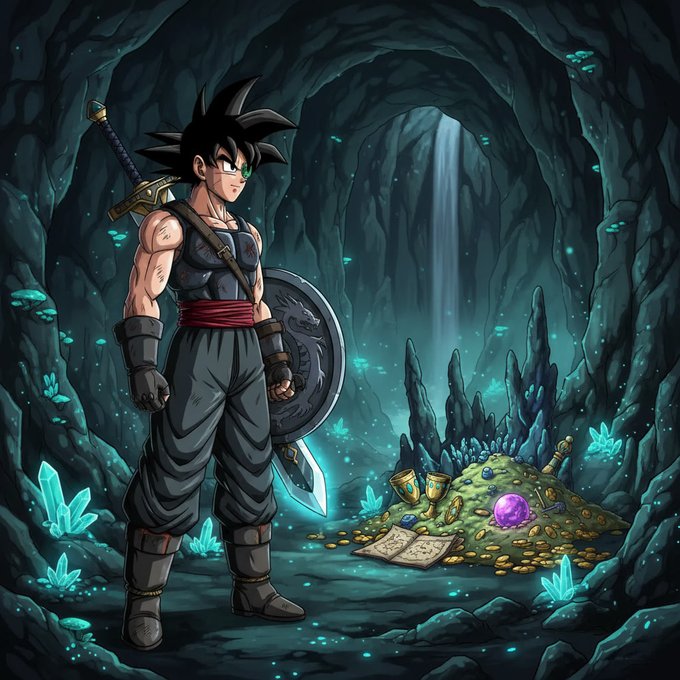 Anime-style illustration of a spiky-haired warrior with a sword and shield standing in a glowing blue cave beside a pile of gold, jewels, and an open treasure map.