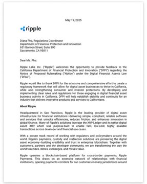 A letter dated July 1, 2025, from Ripple to California Department of Financial Protection and Innovation head KC Mohseni acknowledges the enactment of the Digital Financial Assets Law ("DFAL"), with CEO Brad Garlinghouse emphasizing Ripple's commitment to regulatory engagement in California.

The image shows Ripple's official letter recognizing the DFAL taking effect, directly supporting the post's celebration of California providing clearer digital asset regulation.
