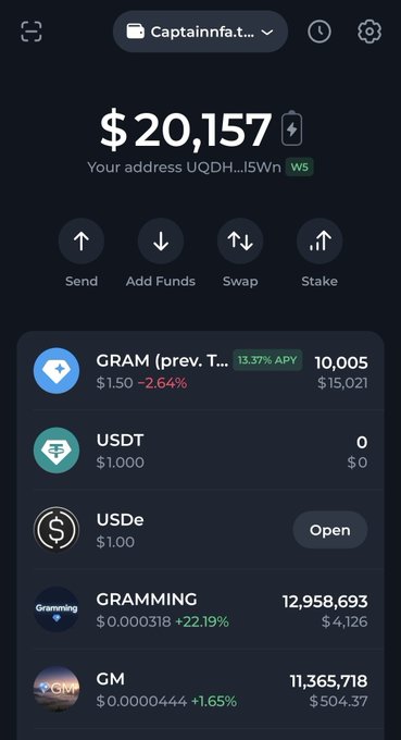 A crypto wallet interface displays a portfolio balance of $20,157, highlighting a major holding of 10,005 GRAM tokens (valued at $15,021) alongside smaller positions in USDT, USDe, GRAMMING, and GM tokens. The image appears to support the post's claim of investing $20k, showing the wallet's current holdings, though the advertised $UTYA token is not visible in the displayed portfolio.