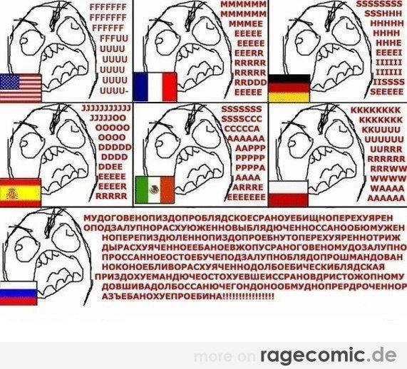 A rage comic from ragecomic.de shows multiple panels of a distressed face character with flags of various countries (USA, France, Germany, Spain, Mexico, Indonesia, Russia) and text in different languages, ending with a large block of Russian text.
