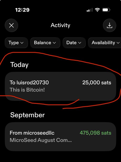 A mobile phone screenshot of an 'Activity' page showing a transaction from 'luisrod20730' of 25,000 sats with the description 'This is Bitcoin!', circled in red.