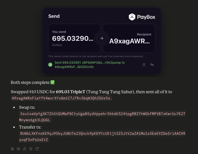 A screenshot of a PayBox interface showing a completed Solana transaction, where 695.032901 J8PsdNP3Qe tokens were sent to the wallet A9xagAWRoF...OhZGUzSs, accompanied by text confirming a swap of $10 USDC for 695.03 TripleT (Tung Tung Tung Sahur) tokens. The image illustrates the post's claim about purchasing any @Pumpfun token via chat with Claude and instantly sending it to any Solana wallet, demoing a seamless two-step swap-and-transfer process.