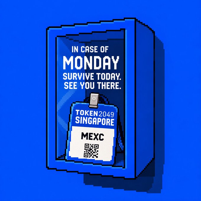 A pixel-art image shows a glass case labeled "IN CASE OF MONDAY / SURVIVE TODAY. SEE YOU THERE." containing a MEXC badge for "TOKEN2049 SINGAPORE" with a QR code. The artwork playfully ties into the post's theme of surviving Mondays while building excitement for MEXC's appearance at the TOKEN2049 Singapore conference.