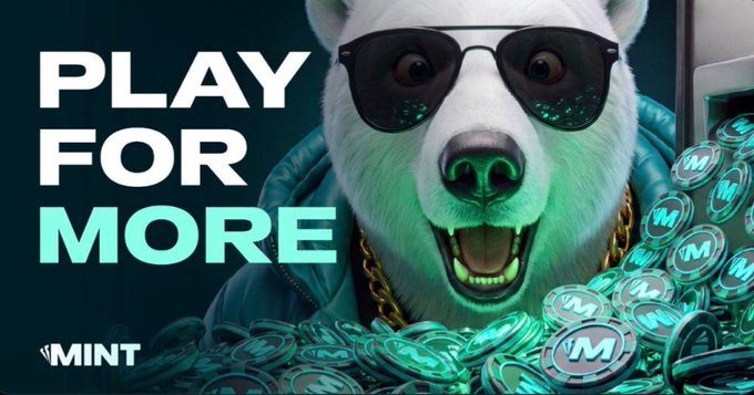 A promotional banner showing a white dog with sunglasses and a gold chain surrounded by teal coins, with 'PLAY FOR MORE' text and the MINT logo.